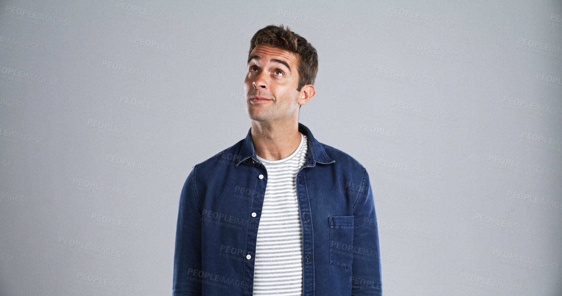 Buy stock photo Man, thinking and decision in studio with space, mockup or confused with question by background. Person, reflection or perspective for choice, insight or why for doubt with option for problem solving