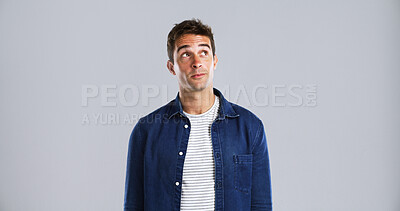 Buy stock photo Planning, thinking and vision with man in studio for daydreaming or memories on mockup space. Future, ideas and inspiration with thoughtful person on white background for problem solving or solution