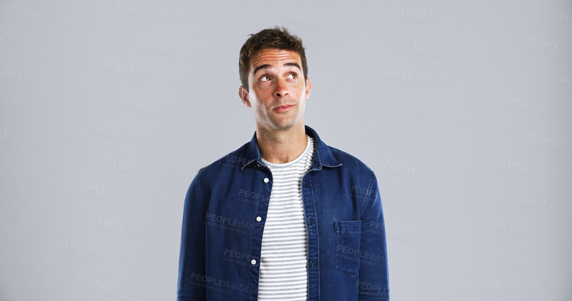 Buy stock photo Planning, thinking and vision with man in studio for daydreaming or memories on mockup space. Future, ideas and inspiration with thoughtful person on white background for problem solving or solution