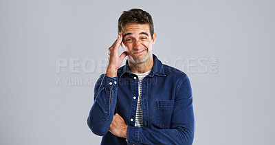 Buy stock photo Portrait, man and pain with headache in studio of stress, vertigo and burnout pressure. Mockup space, male person and migraine for fatigue, muscle tension and brain fog of mistake on white background