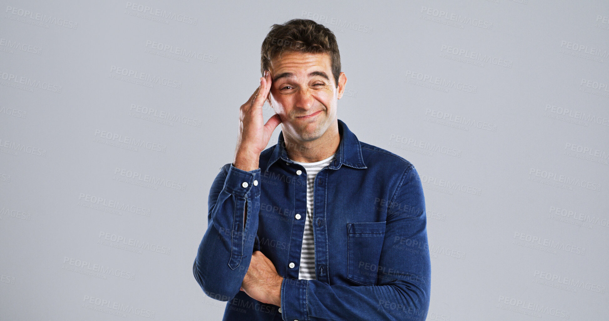Buy stock photo Portrait, man and pain with headache in studio of stress, vertigo and burnout pressure. Mockup space, male person and migraine for fatigue, muscle tension and brain fog of mistake on white background