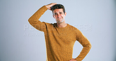 Buy stock photo Confused, portrait and scratching head with man in studio for doubt, problem solving or question. Emoji, solution and uncertain with unsure person on white background for answer, decision or mistake