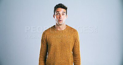 Buy stock photo Portrait, man and surprise for deal in studio for bad news, drama and reaction for gossip. Mockup space, male person and no way expression of story, hearing rumor and announcement on white background