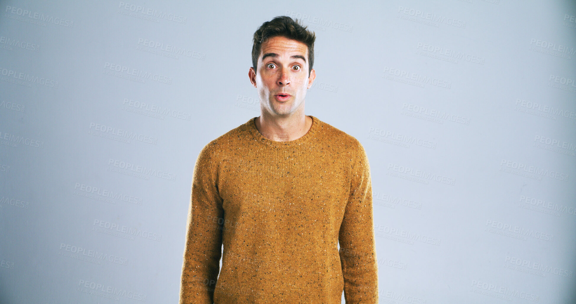 Buy stock photo Portrait, man and surprise for deal in studio for bad news, drama and reaction for gossip. Mockup space, male person and no way expression of story, hearing rumor and announcement on white background