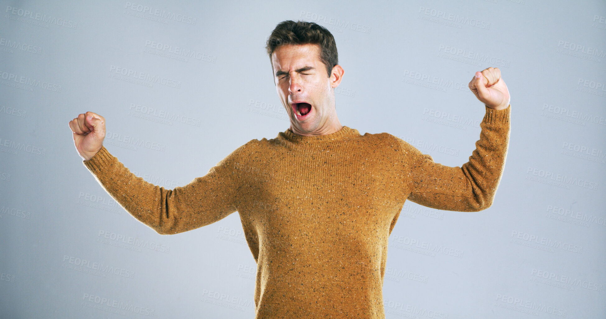 Buy stock photo Man, yawn and tired in studio with stretching, eyes closed and exhausted with burnout by background. Person, model and low energy for fatigue with brain fog, sleep disorder or breathe with narcolepsy