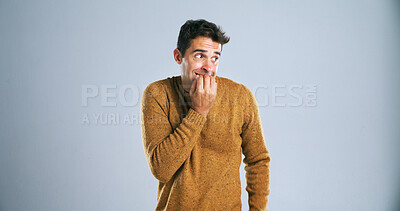 Buy stock photo Anxiety, scared and worried with man on studio mockup for fear, nightmares or ptsd from trauma. Concern, nervous or stress with terrified person on white background for danger, panic or phobia