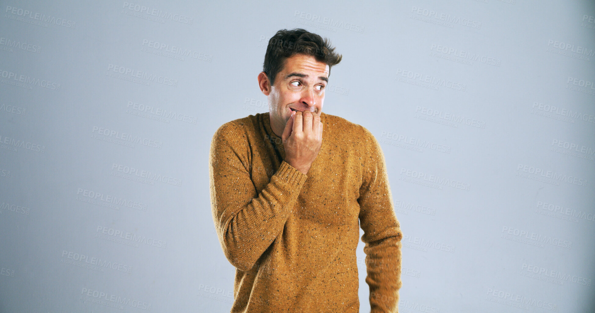 Buy stock photo Anxiety, scared and worried with man on studio mockup for fear, nightmares or ptsd from trauma. Concern, nervous or stress with terrified person on white background for danger, panic or phobia