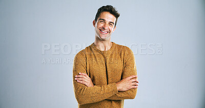 Buy stock photo Arms crossed, happy and portrait of man in studio for small business startup as entrepreneur. Confident, proud and smile with satisfied person on white background for creative career on mockup space