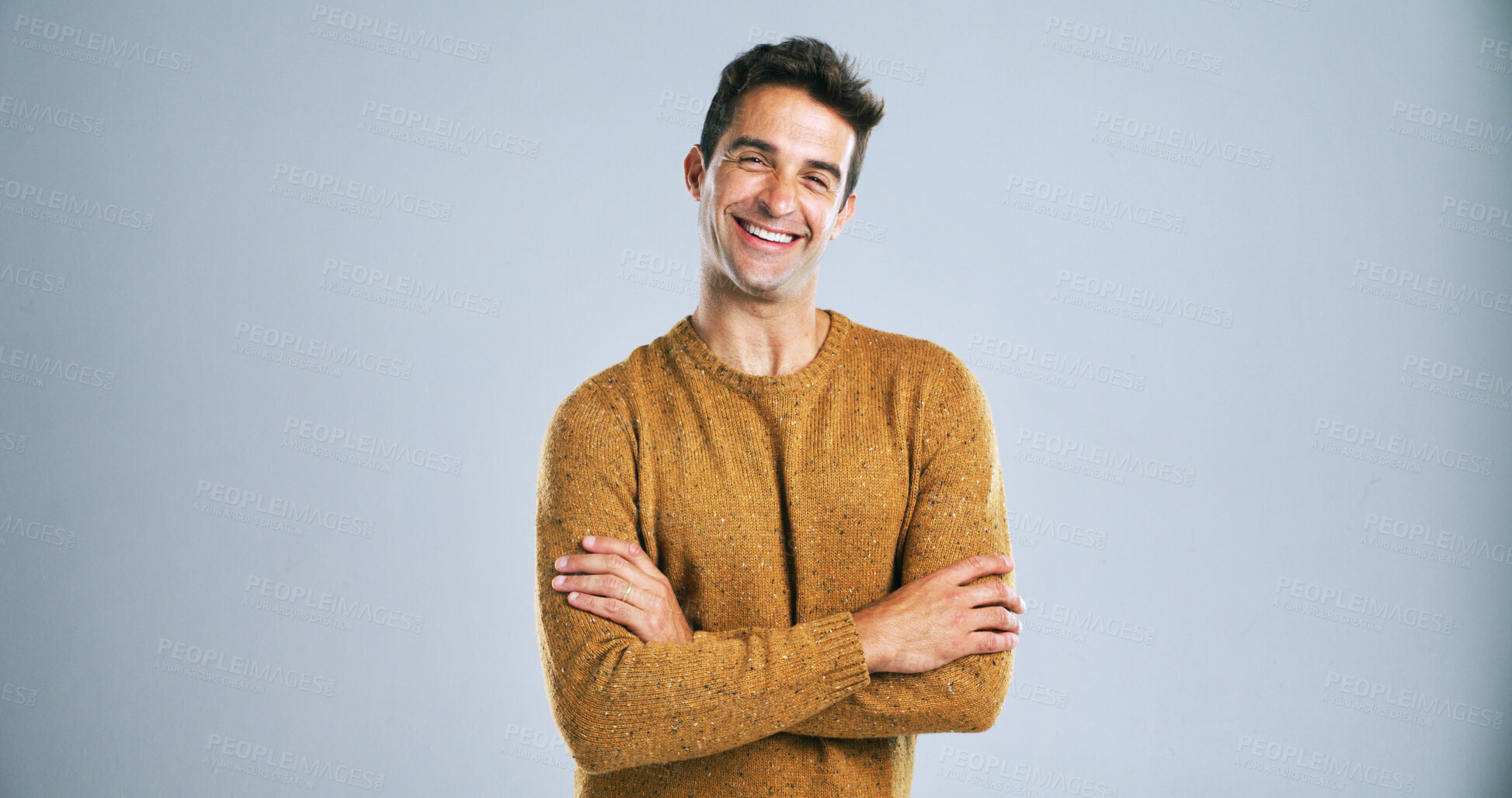 Buy stock photo Arms crossed, happy and portrait of man in studio for small business startup as entrepreneur. Confident, proud and smile with satisfied person on white background for creative career on mockup space