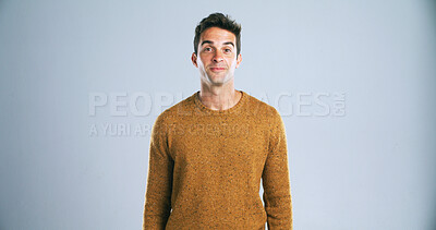 Buy stock photo Space, casual and portrait of man in studio with comfortable fashion, satisfaction or confidence. Mockup, model and male person with sweater, trendy clothes or cool style isolated on white background