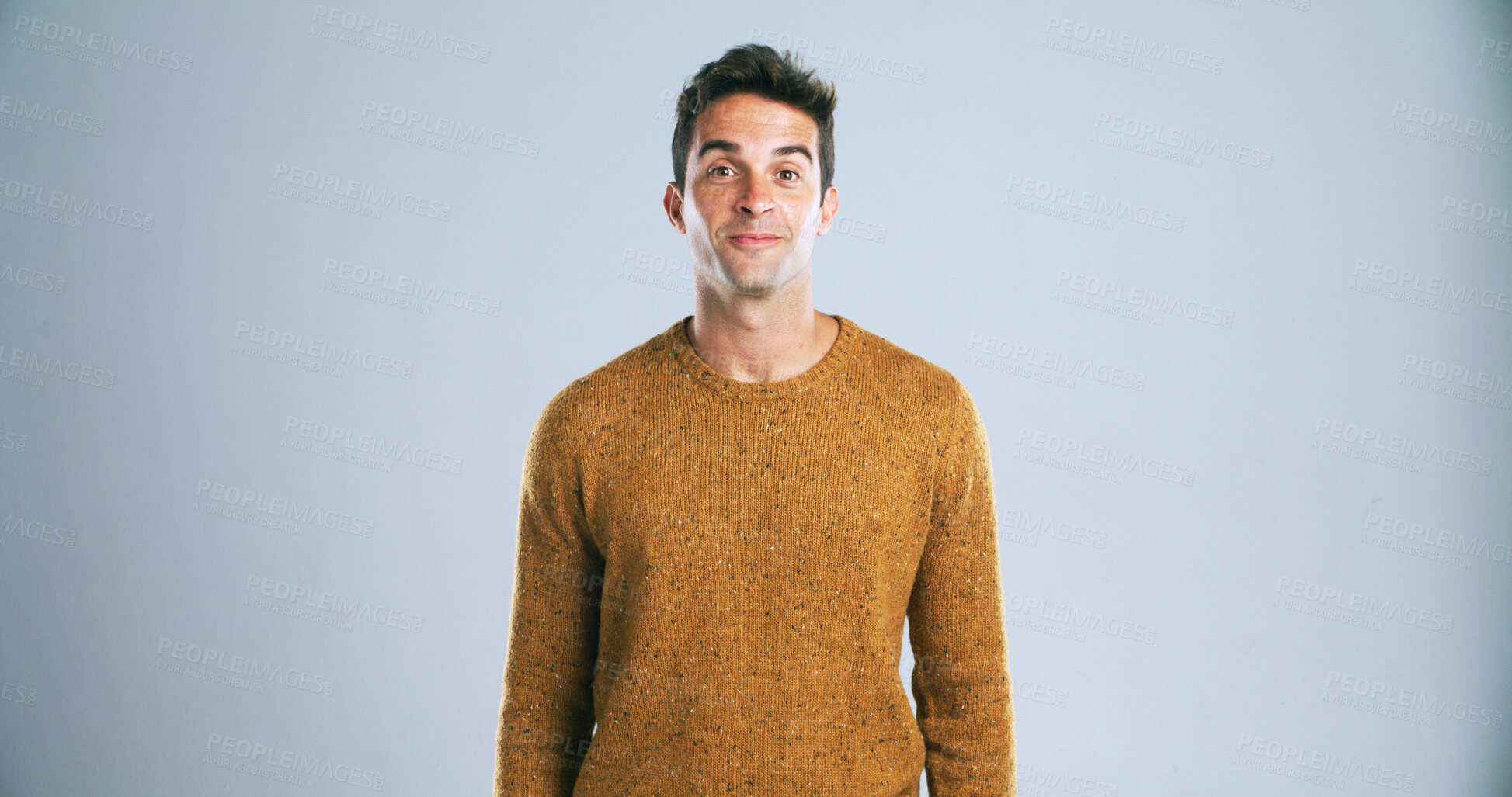 Buy stock photo Space, casual and portrait of man in studio with comfortable fashion, satisfaction or confidence. Mockup, model and male person with sweater, trendy clothes or cool style isolated on white background