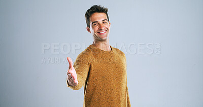 Buy stock photo Happy man, portrait and studio with handshake for greeting or introduction on a white background. Male person, model or shaking hands with smile for meeting, thank you or agreement on mockup space