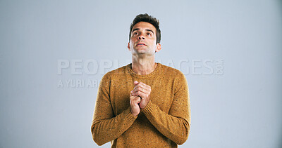 Buy stock photo Man, prayer and stress for worship, anxiety and faith for God on white background. Spiritual, begging guidance and religion with hope in studio for support, opportunity and plea or question for help