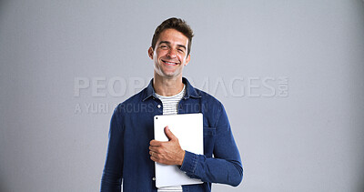 Buy stock photo Tablet, student and smile with portrait in studio for social media, internet and website app. Happy, man and isolated on white background with technology for digital application, e book or research