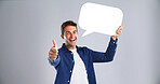 Thumbs up, happy man and speech bubble in studio for agreement, communication or feedback. Social media, dialogue balloon or like hand for funny joke or portrait on white background with mockup space