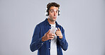 Portrait, man and listen with headphones in studio for streaming music, radio and playlist. Mockup space, person and point with phone for song subscription, groovy audio and album on white background