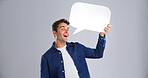 Portrait, happy man and speech bubble in studio for opinion, communication forum or feedback. Social media, person and dialogue balloon for talking, quote or faq on white background with mockup space