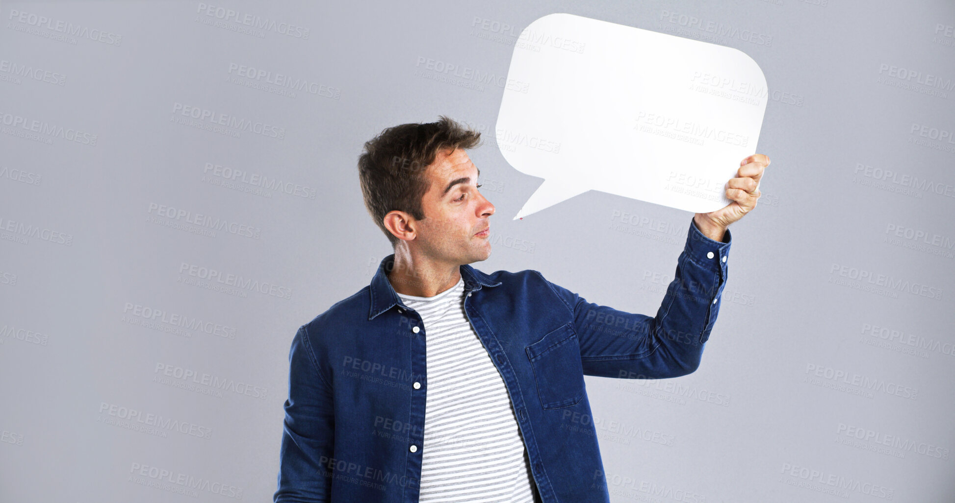 Buy stock photo Idea, man and speech bubble in studio for feedback, communication forum or social media comment. Chat, person and dialogue balloon for opinion, quote or FAQ on white background with mockup space