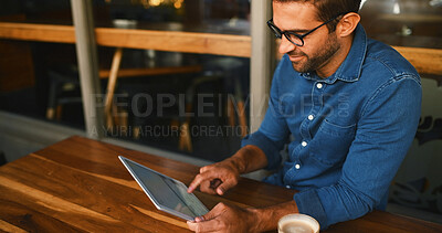 Buy stock photo Typing, tablet and man in cafe, internet and relax with social media, connection and website info. Person, technology and customer in coffee shop, network and communication with break and email