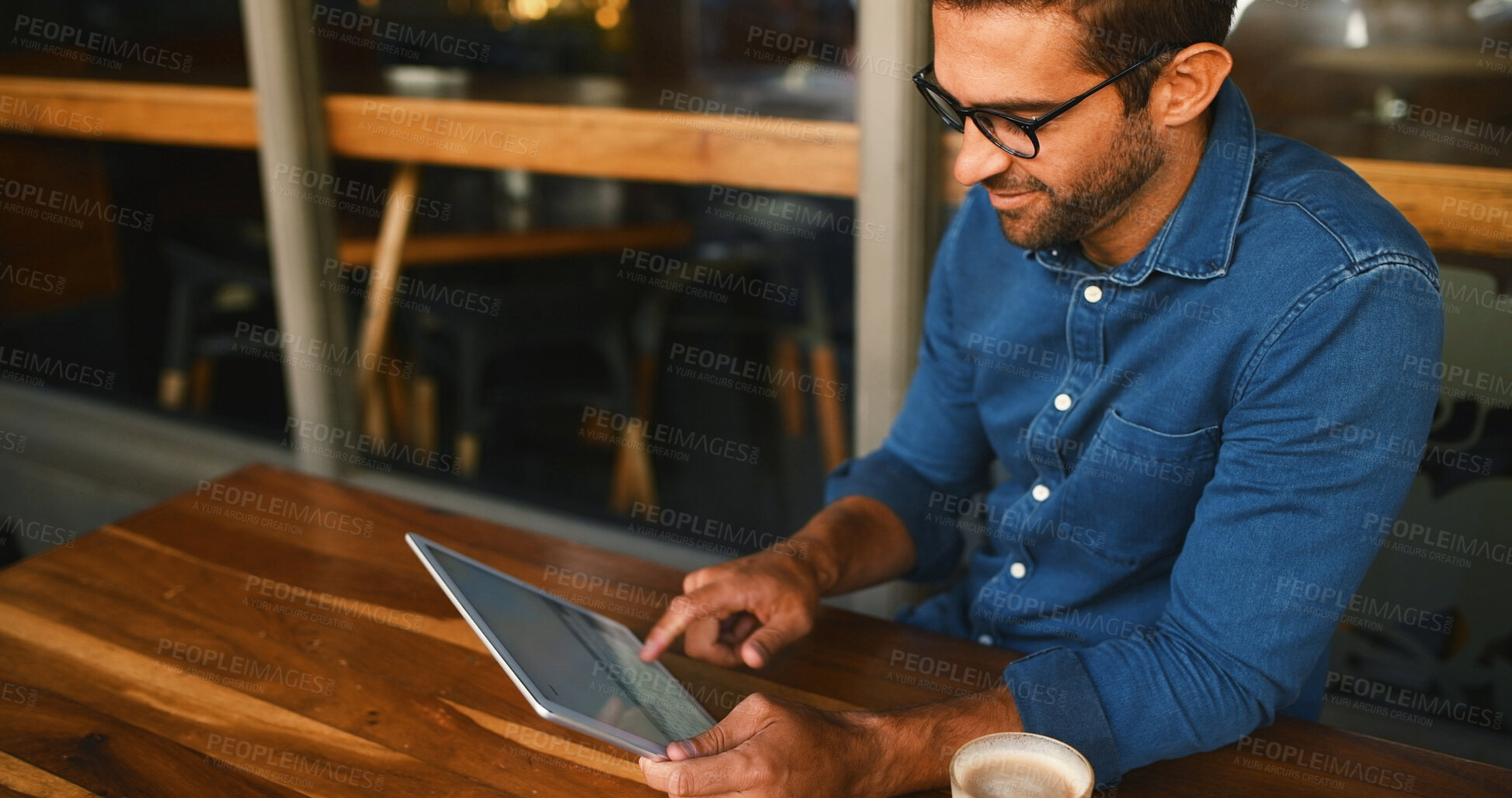 Buy stock photo Typing, tablet and man in cafe, internet and relax with social media, connection and website info. Person, technology and customer in coffee shop, network and communication with break and email