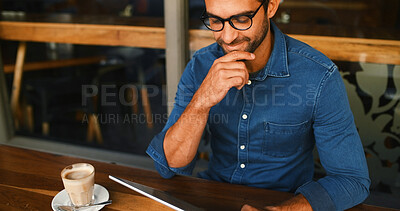 Buy stock photo Thinking, business and man in coffee shop, tablet and graphic designer with app for project. Person, freelancer and entrepreneur in restaurant, email and creativity with website info and solution