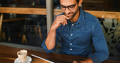 Buy stock photo Thinking, business and man in restaurant, tablet and graphic designer with email for project. Person, freelancer and entrepreneur in cafe, smile or creativity with website info, choice or digital app