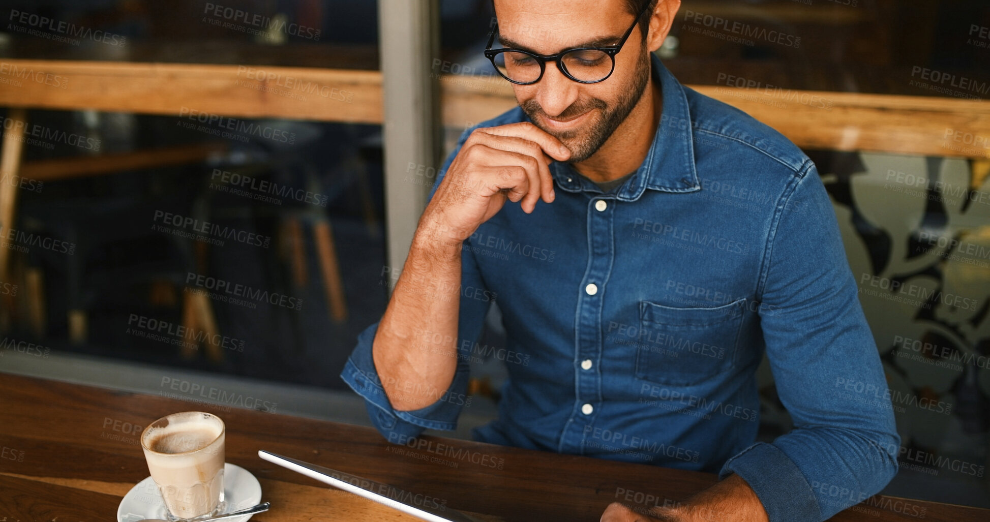 Buy stock photo Thinking, business and man in restaurant, tablet and graphic designer with email for project. Person, freelancer and entrepreneur in cafe, smile or creativity with website info, choice or digital app