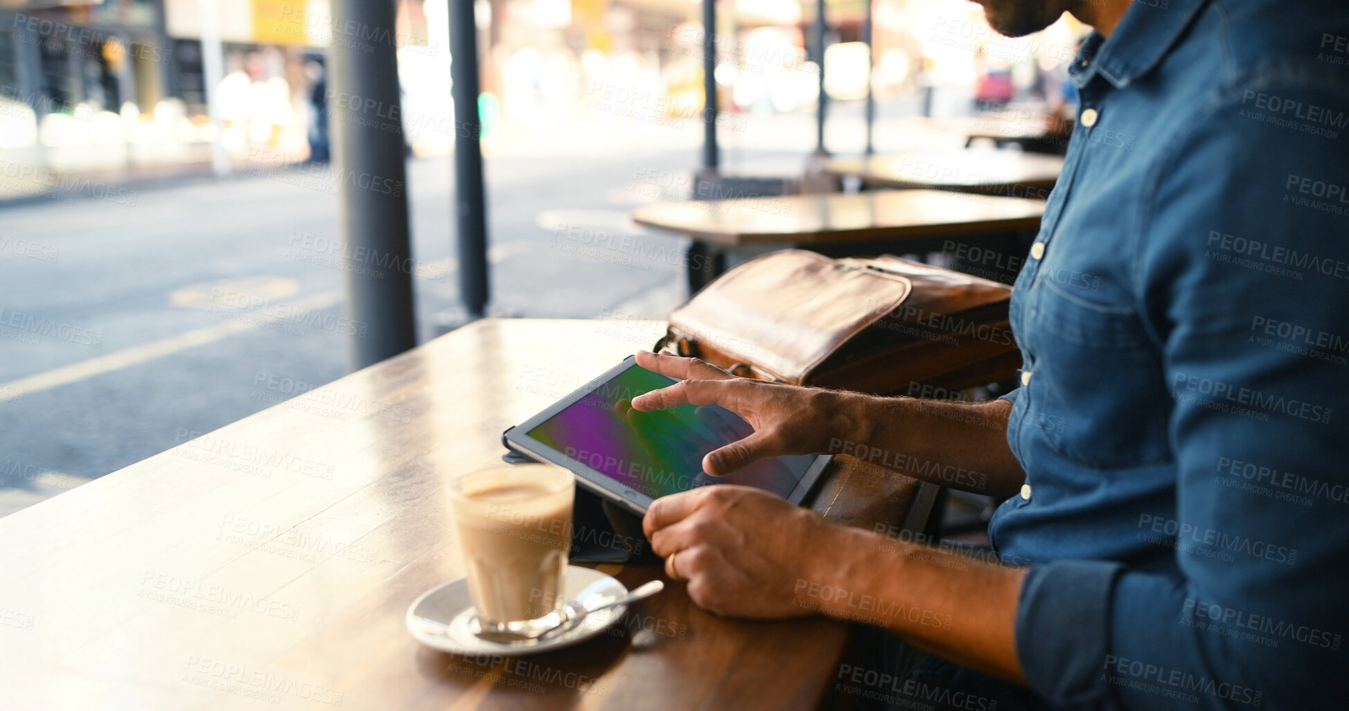 Buy stock photo Coffee shop, remote work and business man on tablet for online planning, proposal and research. Professional, restaurant and person on digital tech for website, project review and internet with drink