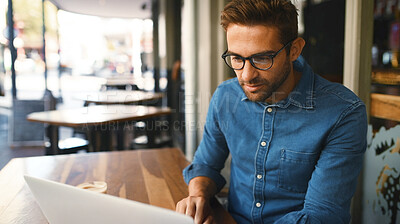 Buy stock photo Coffee shop, laptop and business man reading for online report, proposal and research. Restaurant, professional and person on computer for internet, project and review for freelance career in cafe