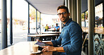 Portrait, remote work and tablet with man in coffee shop to research for small business startup. App, schedule and website with freelance employee at table of outdoor cafe or restaurant as customer