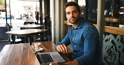 Buy stock photo Freelance, laptop and portrait with man in coffee shop to research for small business startup. Computer, remote work and website with entrepreneur in booth of internet cafe or restaurant as customer