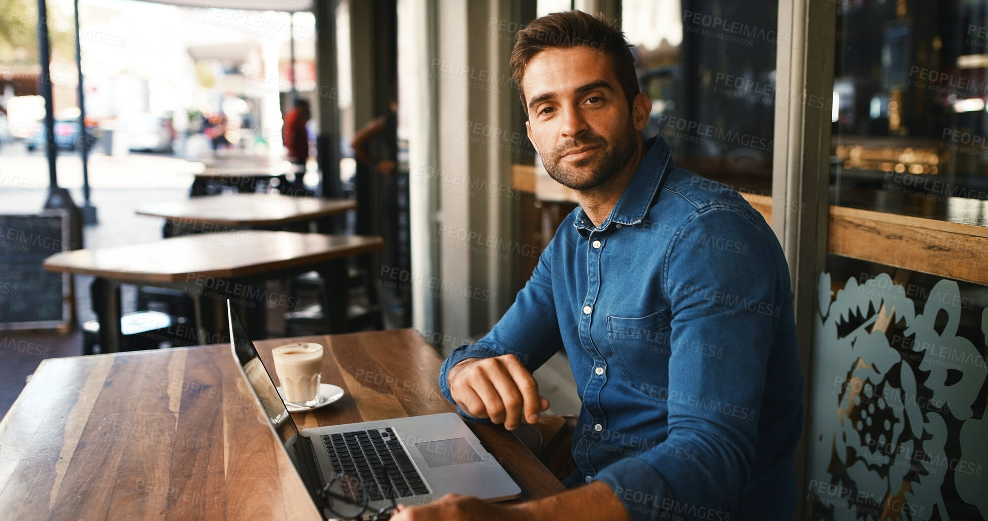 Buy stock photo Freelance, laptop and portrait with man in coffee shop to research for small business startup. Computer, remote work and website with entrepreneur in booth of internet cafe or restaurant as customer