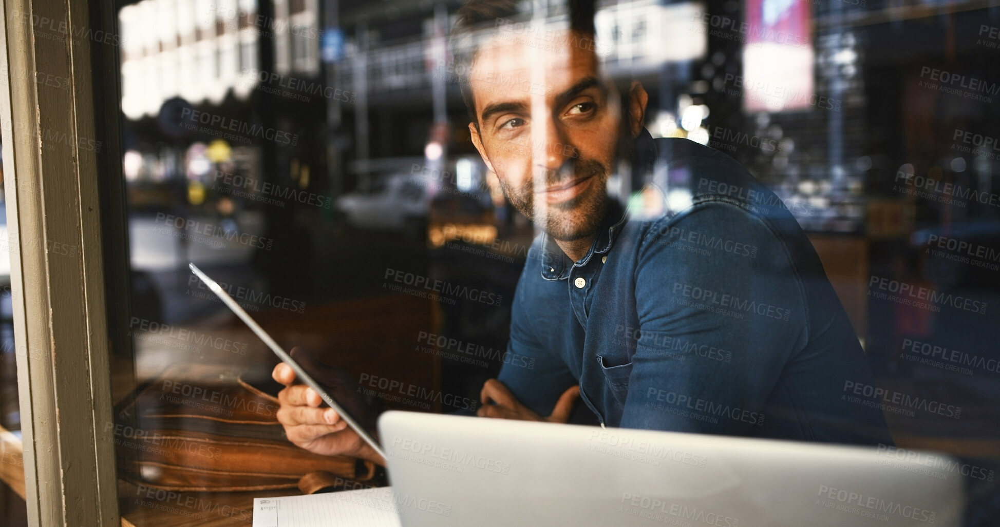 Buy stock photo Thinking, glass window and man in coffee shop, tablet and graphic designer with email for project. Happy, freelancer and entrepreneur in cafe, app and creativity with website info, smile and decision