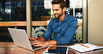 Laptop, man and freelancer typing in cafe for article, update review or journalist check email. Computer, remote work and happy customer in coffee shop to research news, report and editing headline