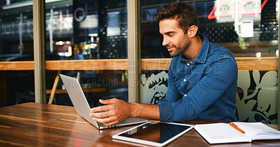 Buy stock photo Cafe, man and reading on laptop for freelancer, article information and online blog for publication. Coffee shop, male person and content writer with digital for remote work, newsletter and editing