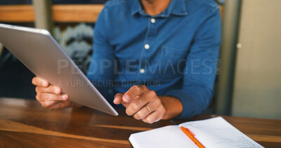 Buy stock photo Remote work, man or hands with tablet at restaurant for research, editor feedback or proofreading. Notebook, writer and digital app at cafe for story development, creative process and editing blog