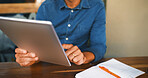 Remote work, person or hands with tablet at cafe for editor feedback, reading publication or email. Freelancer, journalist and digital app at restaurant for proofreading article and creative ideas