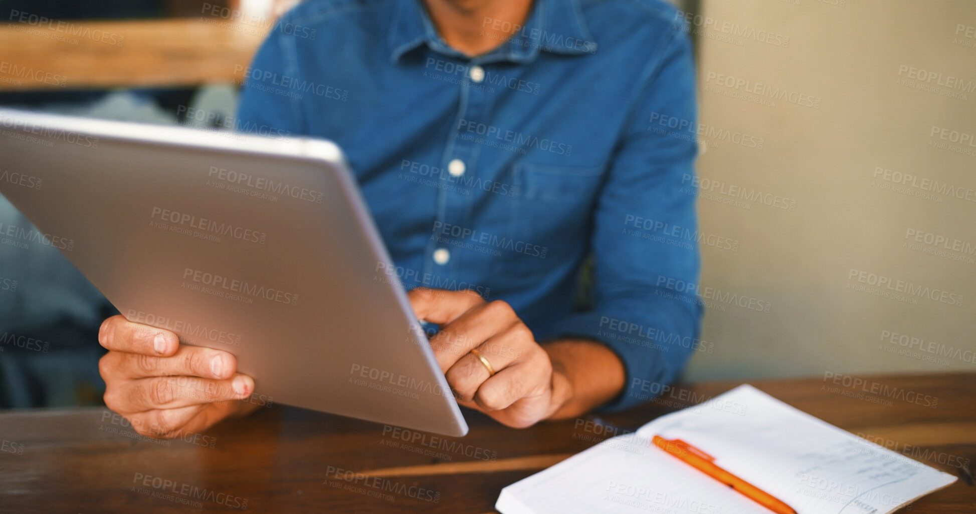 Buy stock photo Remote work, person or hands with tablet at cafe for editor feedback, reading publication or email. Notebook, journalist and digital app at restaurant for proofreading article and creative ideas