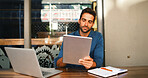 Cafe, man and reading on tablet for freelancer, article information or online blog for publication. Coffee shop, male person and content writer with laptop for remote work, newsletter or scroll email