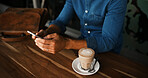Cafe, coffee and hands with smartphone for review, online communication and scroll on social media. Restaurant, person and espresso cup with mobile for application, message and survey in closeup