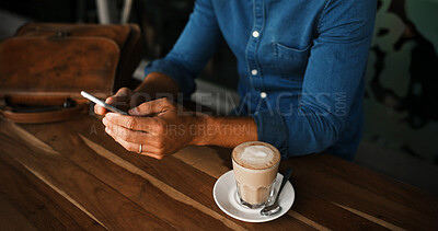 Buy stock photo Cafe, coffee and hands with smartphone for review, online communication and scroll on social media. Restaurant, person and espresso cup with mobile for application, message and survey in closeup