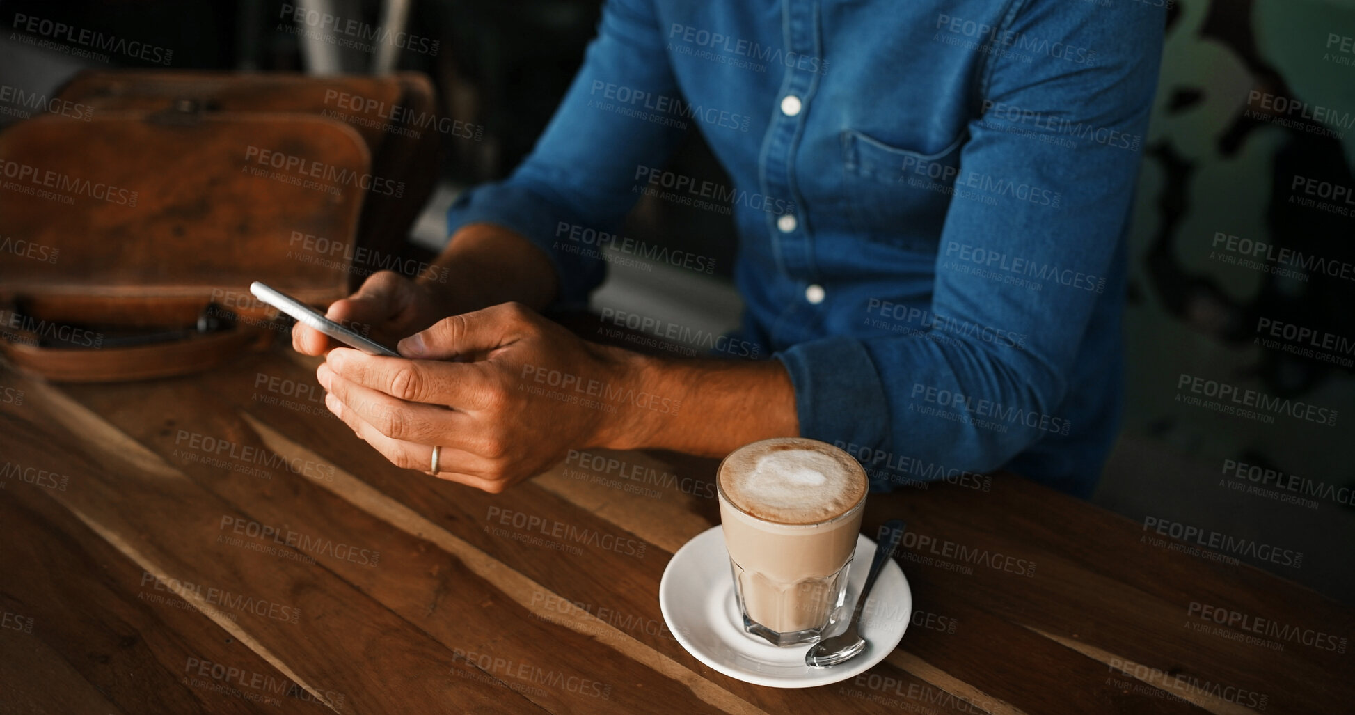 Buy stock photo Cafe, coffee and hands with smartphone for review, online communication and scroll on social media. Restaurant, person and espresso cup with mobile for application, message and survey in closeup