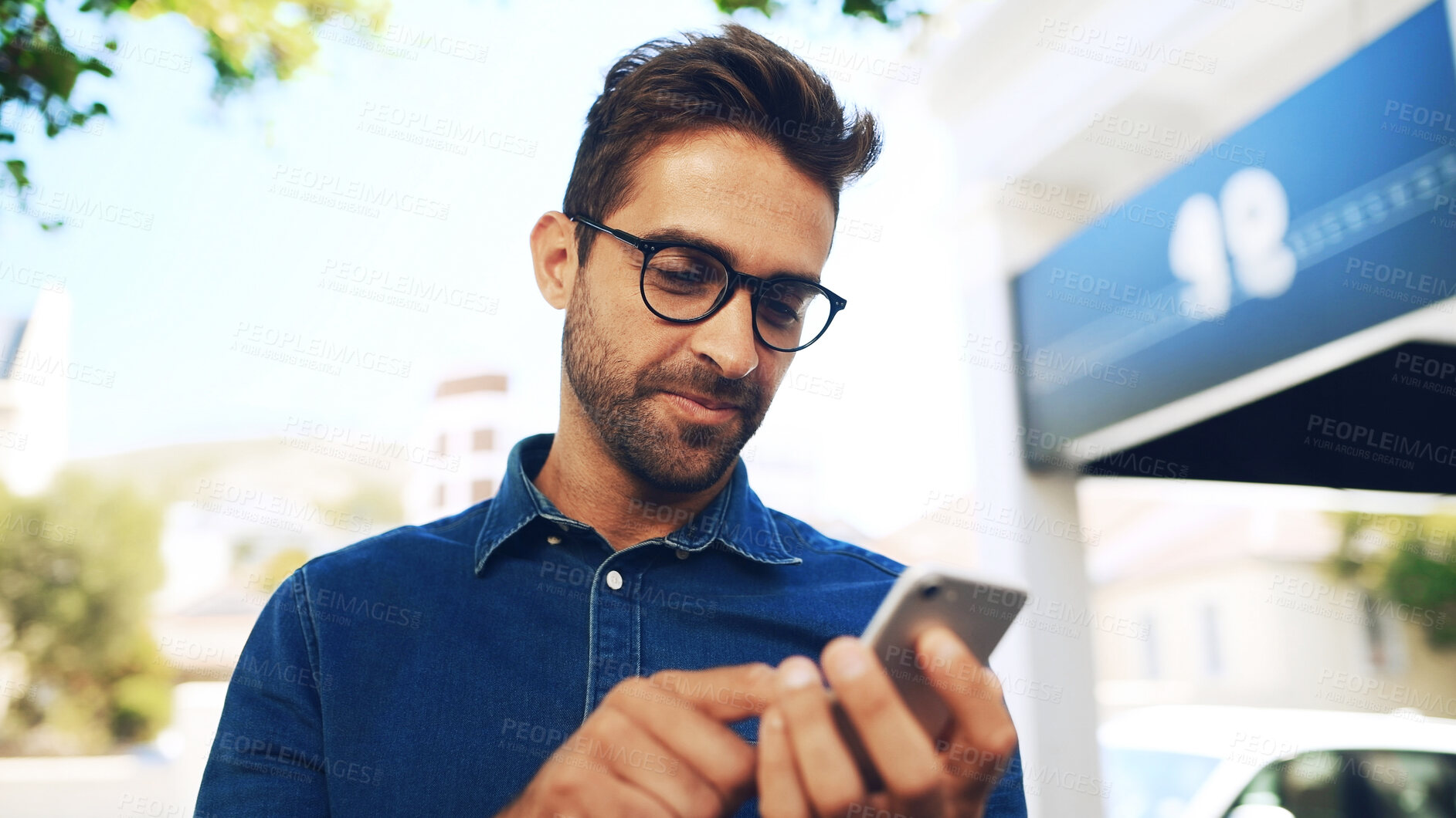 Buy stock photo Commute, glasses and phone with employee man on city street to search for directions to location. App, map and mobile with business person on downtown sidewalk for communication or travel to work