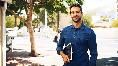 Buy stock photo Creative, man and portrait with tablet in city for commute, job opportunity and waiting for ride. Professional, person and smile on urban sidewalk with career ambition, entrepreneurship or confidence