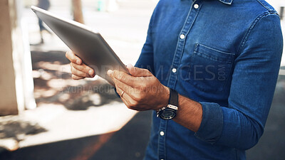 Buy stock photo Businessman, hands or research with tablet in city for business updates, network or news. Travel, man or social media with technology or app for communication, online search or browsing in urban town