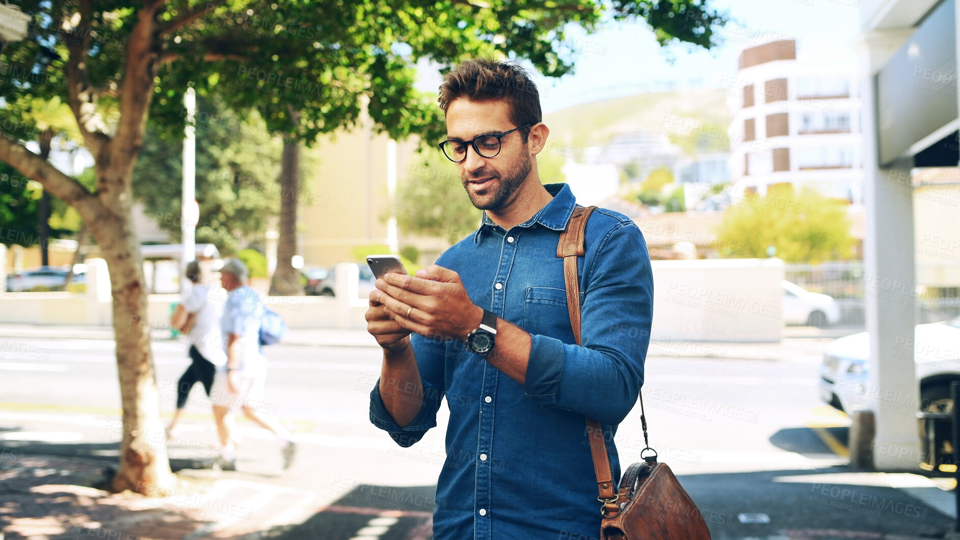 Buy stock photo Commute, phone and reading with business man outdoor in city for communication or travel. App, social media and text message with employee person in urban town to search for directions to work