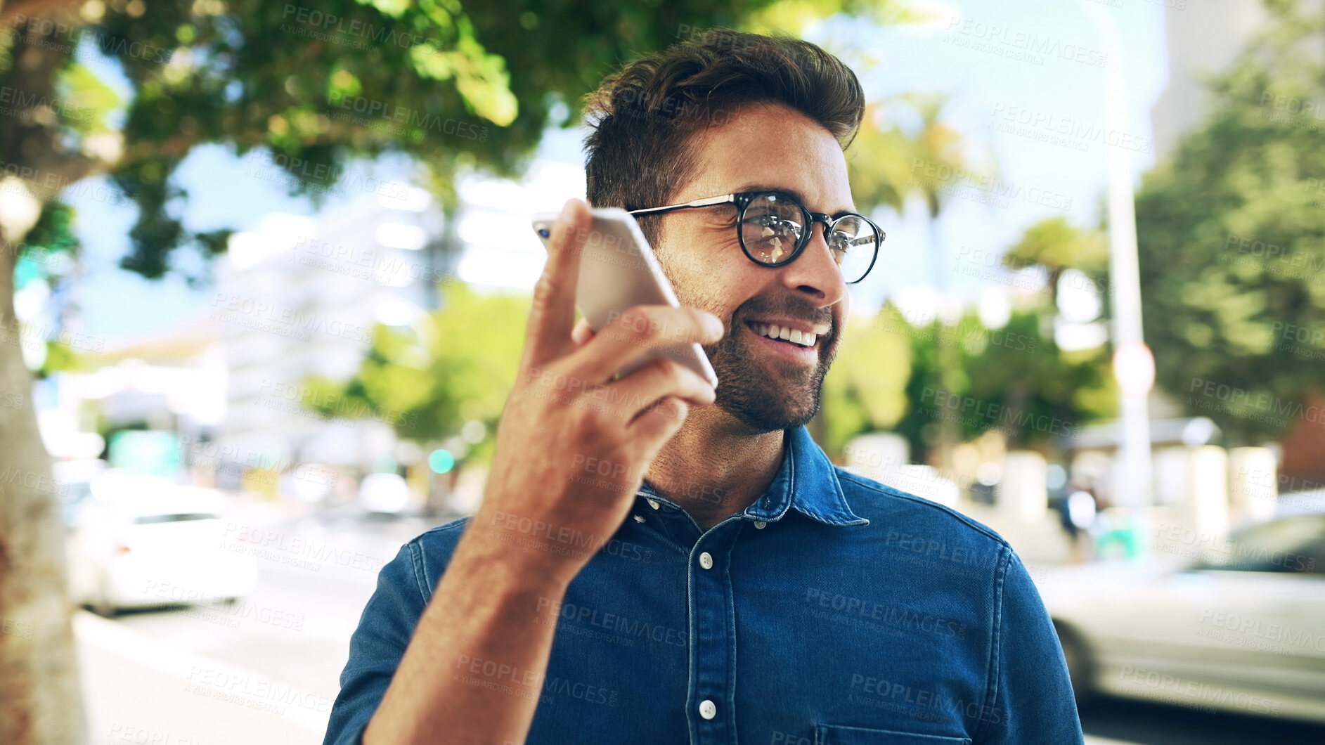 Buy stock photo Commute, phone call and smile of business man on city street for morning travel to work location. Communication, glasses and thinking with happy employee on sidewalk for conversation or update