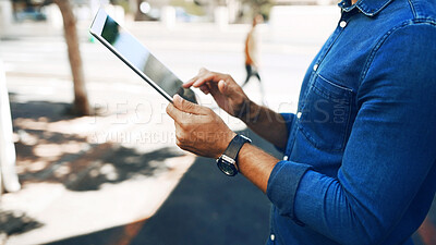 Buy stock photo City, hands and tablet with business man on street to search map for directions to location. App, social media or website with employee person outdoor on downtown sidewalk for travel to work