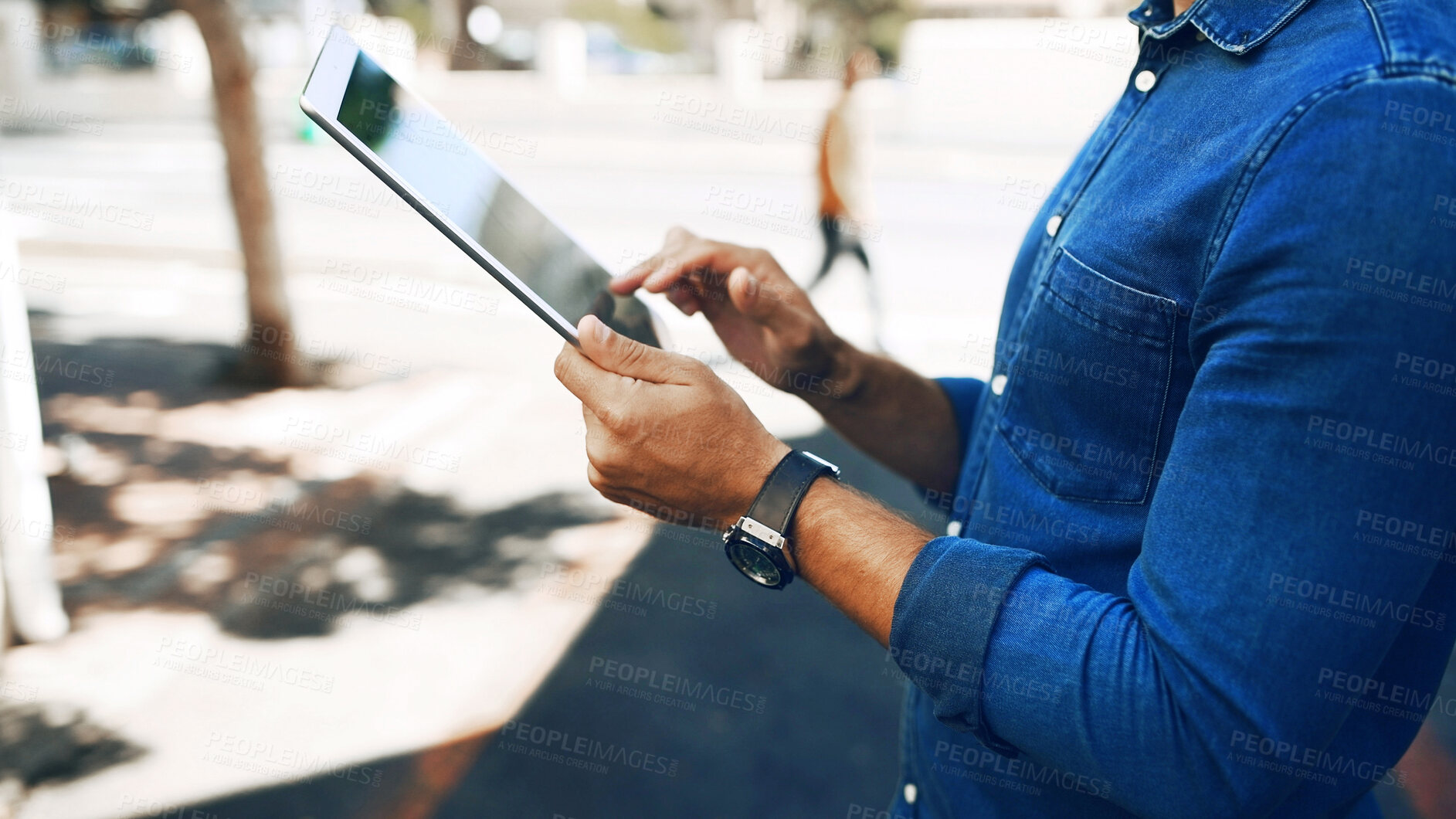 Buy stock photo City, hands and tablet with business man on street to search map for directions to location. App, social media or website with employee person outdoor on downtown sidewalk for travel to work