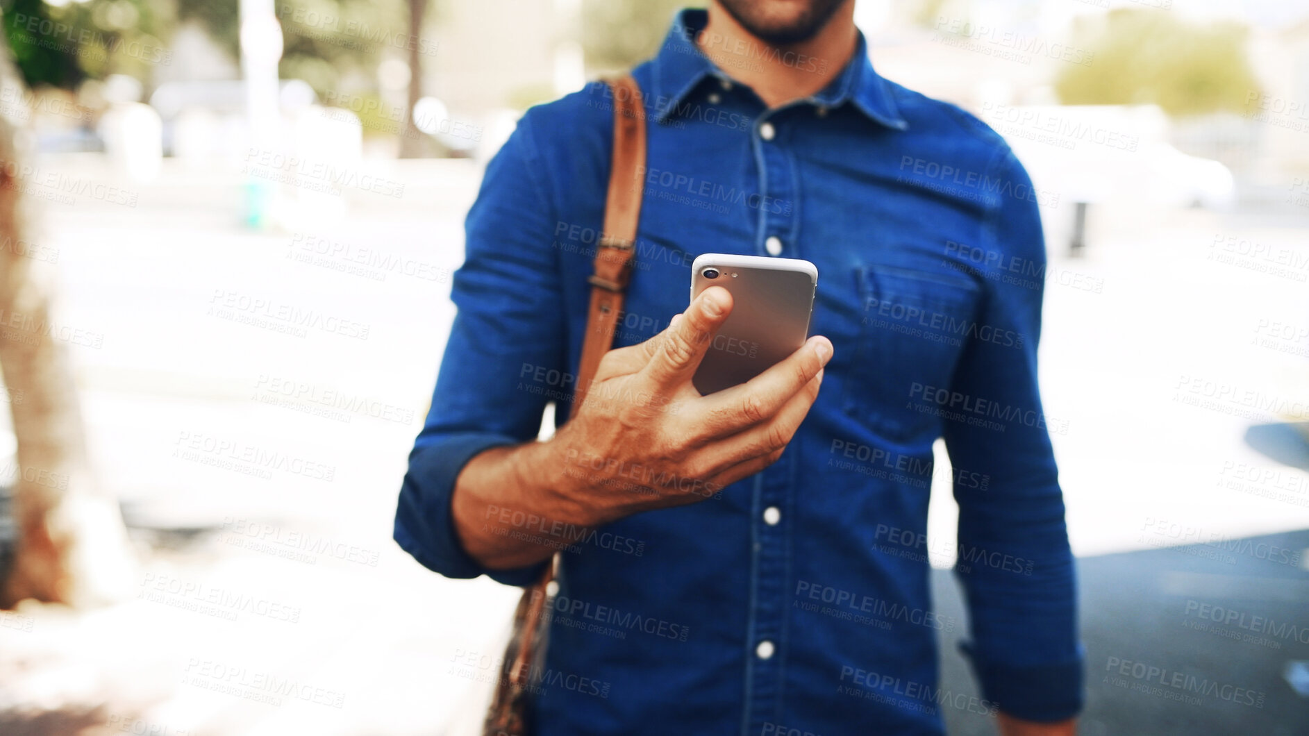 Buy stock photo Phone, city and hand with travel, communication and connection for walking. Outdoor, creative person and smartphone for networking, contact and mobile conversation for internship or job opportunity